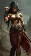 Placeholder: Female bodybuilder warrior wearing intricate saree, posing ferociously, hyperrealistic with detailed muscles, in the style of Simon Stalenhag, Ian McQue, and Loish, with dramatic lighting and sharp textures.