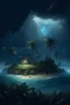 Placeholder: Paisaje de una isla pequeña, de noche, una tormenta feroz azotando las palmeras de la pequeña isla, algunos animales se refugian de la tempestad