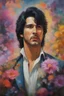 Placeholder: Paul Stanley/Elvis Presley/Keanu Reeves/Jon Bernthal, multicolored, large, floral designs, atmospheric, beautiful, oil painting by Frank Frazetta, 4k UHD, Photorealistic, professional quality