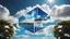 Placeholder: a high photorealistic futuristic unique metal house floats in sky between big clouds, high textures, blue sky, sunshine, Professional photography, bokeh, natural lighting, canon lens, shot on dslr 64 megapixels sharp focus, stunnig