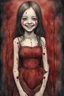 Placeholder: body anormal, smile blood, girl cute, watercolor illustration by <John Kenn Mortensen>, darkred tones,