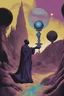 Placeholder: Intergalactic priest, a tall figure with dark purple skin and neon veins, dressed in royal robes, his slender arms and hand raised up, balancing an iridescent orb, fantastical caves in the background, vintage illustration, surreal figurative art, 1970s style drawing, dark psychedelic atmosphere , Danny Flynn style