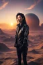 Placeholder: Asian in a leather jacket on a strange planet looking at the sunset