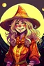 Placeholder: Style: anime manga, A Girl with dark skin tone, Red eye with a yellow base, Full curly white hair, moon-shaped cheek marks, and a childish smile, Her face is half in profile, the background is lunatic, her face seems to be mocking someone, Her outfit is: A lunar witch outfit, her purple colored witch hat has a yellow/gold colored star emblem, She is winking with one eye and sticking out her tongue (Mocking),