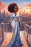 Placeholder: The scene opens onto a serene balcony overlooking a bustling city skyline. The sky above is painted in soft hues of blue and orange as the sun begins its descent, casting a warm glow over everything it touches. In the foreground stands a captivating figure, airbrush chibi cartoon curvy black woman exuding confidence and elegance. She is adorned in a flowing white knit maxi dress that hugs her curves in all the right places, accentuating her silhouette. Her choice of footwear is equally stunning