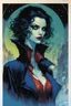 Placeholder: create a fine art print illustration of a seductive, Semnoni female vampire seeress, clothed in an ornate but ragged bliaud with highly detailed feminine facial features, gazing into a seething palantir , shrouded in a fetid mist at midnight , in the comic book art style of Bill Sienkiewicz, and Jean Giraud Moebius, finely textured, drawn, colored, and inked