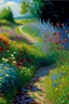 Placeholder: painting in oil of landscape of several kinds of colorful wildflowers, with a small overgrown country path, ultrasharp, realistic colors