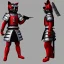 Placeholder: Modélisme trois dimensions, chat, anthropomorphique, habillé comme un samurai, armure très détaillé, rouge, argent