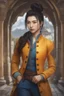 Placeholder: front view, beautiful female, asian, pale skin, dark hair, front mohawk, back high bun hairstyle, detailed dark eyes, yellow jacket, orange blouse, wearing backpack, baggy blue pants, fantasy setting, medieval, year 1800, 8k, high detail, intricate, cinematic background, facing viewer