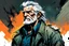 Placeholder: create a full body portrait illustration of a an aged grey haired, raggedly dressed, post apocalyptic, skid row derelict , with highly detailed and deeply cut facial features, in the comic art style of FRANK MILLER and BILL SIENKIEWICZ, searing lines and forceful strokes, precisely drawn, boldly inked, with gritty textures, vibrant colors, dramatic otherworldly lighting