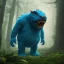 Placeholder: giant blue monster with big sharp white teeth, standing in a forest, dramatic, dramatic lighting, volumetric lighting, hyperrealism, 8k, high quality, photorealistic, lot of details