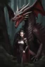 Placeholder: An aggressive woman with long brown hair, red eyes, back clothes, pale skin, a smattering of reddish brown scales on her skin, reddish brown dragon horns on her head, pointed ears, fangs, and a dragon tail standing in a dark forest. Anime style, intricately detailed.