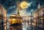 Placeholder: Lisbon city view in fantasy style with famous yellow tram, one eiffel tower in background, celestial cosmic sky, dreamy, moody, rainy