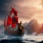 Placeholder: Nærøyfjorden Verdsarvpark, viking ship, mighty queen elf, red armour, realistic, HD4k, watery cloud background, deep red eyes, close up shot