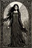 Placeholder: create a deeply powerful tragic, heart wrenching, evocative, and darkly magical full body woodcut of a raw and weathered raven maiden girl with highly detailed and deeply cut facial features, in the style of EDWARD BURNE-JONES, WILLIAM MORRIS, and KATHE KOLLWITZ , searing lines and forceful strokes