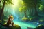 Placeholder: Girl, furry racoon , forest, river