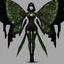 Placeholder: Full body, gothic woman with a bob with a fringe hairstyle, steampunk metal moth wings, green markings, black background