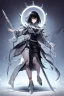 Placeholder: Anime girl with short black hair and sharp green eyes, holding a pike, full body black and white metal plate armour, full body shot, Dramatic lighting,1woman, soaked in blood, Warrior, standing pose, sword at the waist, close shot, lean body,