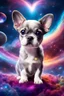 Placeholder: large eyed happy puppy grey frenchton in the distance a colorful intricate HEART shaped planet similar to earth in a brig ażht nebula, sparkles, cinematic lighting, vast distances, swirl, fairies, magical darkness, sharp, depth, jellyfish, cinematic eye view