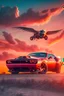 Placeholder: dodge challenger demon parked at sunset. chinese dragon on the sky flying behind the car. motor cross enduro stay next too the car