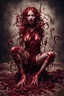 Placeholder: Petit weird woman with many worms from his body, sit pose, fullbody, splashes blood, behind guts rising from the ground, darkred tones, macro photography,