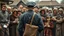 Placeholder: an man in a dark european, hungarian postman's uniform standing with his back to the camera with a large postman's bag on his left shoulder, he is only half visible from the european-hungarian villagers gathered around him, surrounded by men and women in vintage poor cloths. Some villagers are holding letters in their hands, sad and crying faces, a little boy staring at the postman, a crying little girl clinging to her mother's skirt, two women crying , high realistic, perfect photo