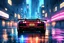 Placeholder: comic/anime art: a sports car driving through the city in the rain with neon light