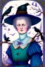 Placeholder: Friendly witch, playing with crows, perfect iris, pastel colours, style Beatrix Potter