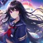 Placeholder: Clear focus, High resolution, Black long fluffy hair, purple eyes, wearing a sailor uniform, shattered rainbow in triagle formation, Commercial Purpose