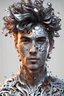 Placeholder: PAPERCUT 3d photo realistic portrait of young man, fantasy, handsome, hard eyes, shiny streaks of paint, filigree, shiny paint blobs, shiny white transparent skin, shiny molten metalics, baubles, papercut, wild hair, high definition, octane render, 64k, 3d