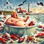 Placeholder: Donald Trump as a Fat man in a claw foot bathtub sinking in the ocean. Water lapping at the top of the tube. Panic on his face. Scared, screaming for help. Surrounded by seagulls, lobsters and crabs. there is a colorful light house in the background.