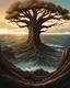 Placeholder: a great tree trunk takes up the majority of the screen. It is surrounded by ocean, which pours into the center of the charred wooden flesh. There are no mountains or other trees surrounding it, and there are no leaves
