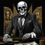 Placeholder: LINE TONE, WSJ STYLE, HEDCUT, ultra high image quality, HEAD AND SHOULDERS SHOT, SKELETON, WEARING A 3 PIECE SUIT, POSED FOR DOLLAR BILL PORTRAIT, , Close-up of an set against AMOLED-worthy pure black backdrop, fantasy art style infused with filter, tailored for vertical wallpaper, exclusive design with no duplicates, radiating beauty suitable for a PC screen image, vivid colors, ultra fine, digital painting, BASED ON THE UNITED STATES TREASURY NOTE ONE DOLLAR BILL