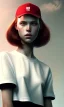 Placeholder: girl, cute, beautiful, red hair, black backwards cap, white tee shirt, head and shoulders portrait by Greg Rutkowski