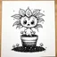 Placeholder: Make black and white cute drawing of a Mandrake with black bold lines. Only outline, no grayscale. A funny, baby-like mandrake plant with leafy "hair," sticking out of a pot. It has a cute, exaggerated screaming face as if it’s being pulled out of the soil, surrounded by sparkles and tiny magical mushrooms.