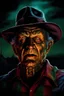 Placeholder: in the dead of night the bright moon shines down on a giant, extremely colorful Freddy Krueger facial portrait, standing outside the home of his next victim, in the art style of Boris Vallejo,