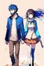 Placeholder: anime couple, walking , colorful, man with salt and pepper beard and woman with dark hair and blue eyes