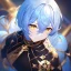 Placeholder: Clear focus, High resolution, short light blue fluffy hair, hair between eyes, yellow eyes, wearing black magma shorts, detailed outfit, blue and black outfit, gold accessory, female