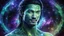 Placeholder: beautiful gorgeous young man na'vi with long hair, Avatar, blue skin, two small ears, green eyes, black hair, in cosmic suit, galactic ambiance, medium pointy goatee , smiling, nebulas and sacred geometry light figures on the backgroud,