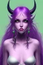 Placeholder: cute purple haired devil girl with bright green eyes and black horns on her head wearing a purple/pink dress