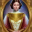 Placeholder: flower framed complete and photo realistic detailed head to waist stunning photo realistic portrait of young carrie fisher as Princess Leia in star wars with photo realistic hairstyle by Mandy Jurgens and mucha and Richard Schmid and chuck close and chie yoshii, extraordinary and detailed ceremony dress of star wars,brown eyes