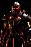 Placeholder: Jet black armor with gold highlights. Has glowing red eyes and tron lines. Also has pieces of red cloth around the body with a red cape.