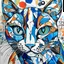 Placeholder: A colorful, abstract painting of a cat with exaggerated features. The dog has large eyes, a patchwork of blue, orange and tan fur, with black outline details giving a scribbled effect. the image is in the middle of a white canvas. The background should be clean and mostly white, with subtle geometric shapes and thin, straight lines that intersect with dotted nodes.The style is expressive and textured, reminiscent of outsider art.