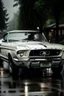 Placeholder: A white mustang convertible car as a soul, rain, dark, apart