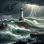 Placeholder: Once in a millennium Raging storm, ravaged lighthouse on rocky shore whipped by hurricane winds and storm surge and lightning and crashing waves, dramatic, tidal wave in distance, concept art trending on Artstation, natural lighting, by Anato Finnstark and Jeremy Mann and Peter Gric, photorealistic