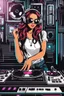 Placeholder: Photography super model pretty girl with headphones playing music on a turntable, dj rave party disco club