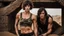 Placeholder: beautiful caucasian female, black tank top, well toned muscles, scratched sand camo metal details, short brunette wavy bob haircut, dystopian, desert scene