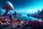 Placeholder: A hyper-realistic 16K 3D photograph of an alien world, with a woman in a spacesuit looking over a rocky shoreline, witch's hat mushrooms with tentacles floating across the sky