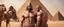 Placeholder: Hyper realistic shirtless muscular male pharaohs hugging & a pyramid behind with a camel