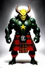 Placeholder: a Monster. who is big and has patch work scaling for skin. and horns. he is also wearing a Scottish clan kilt that's yellow black and red.